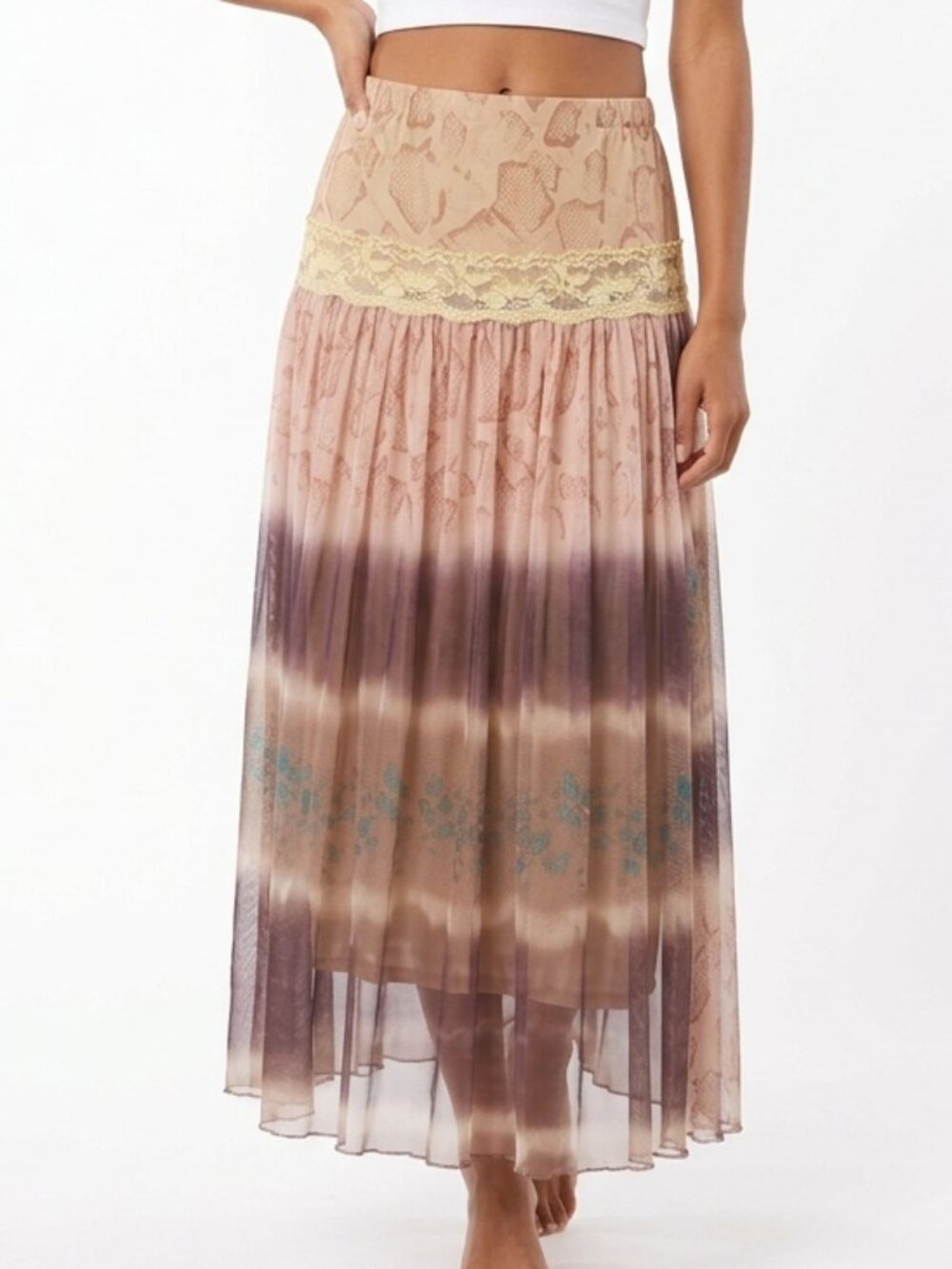 Vintage Y2K Mesh Midi Skirt Leopard Print Lace Trim Fairycore Festival Spring S